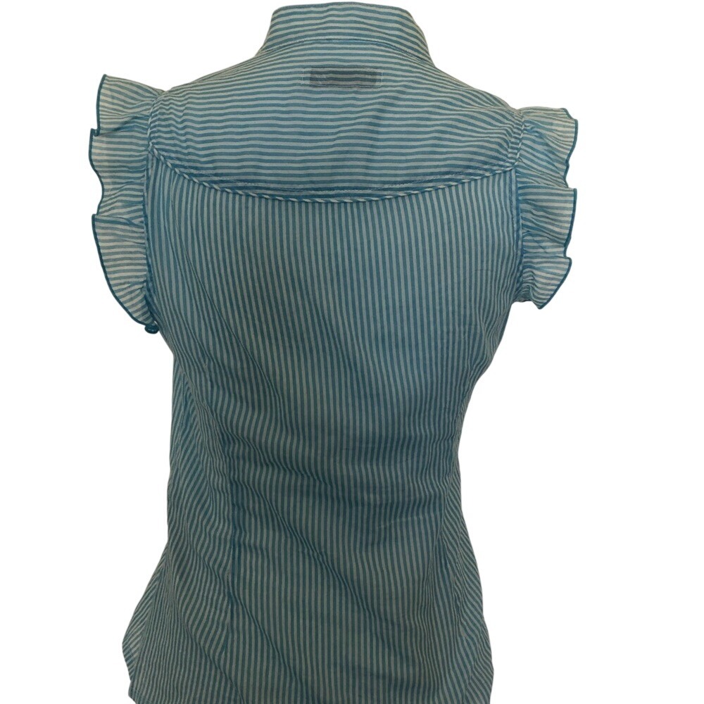 Zara Striped Ruffle Blouse Womens Small Teal White Sleeveless Button Up - Picture 6 of 10